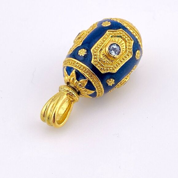 Enamel Easter Egg Pendant Vintage Rich Gold Plate Blue Topaz Crystal Swivel Bail - Picture 3 of 7